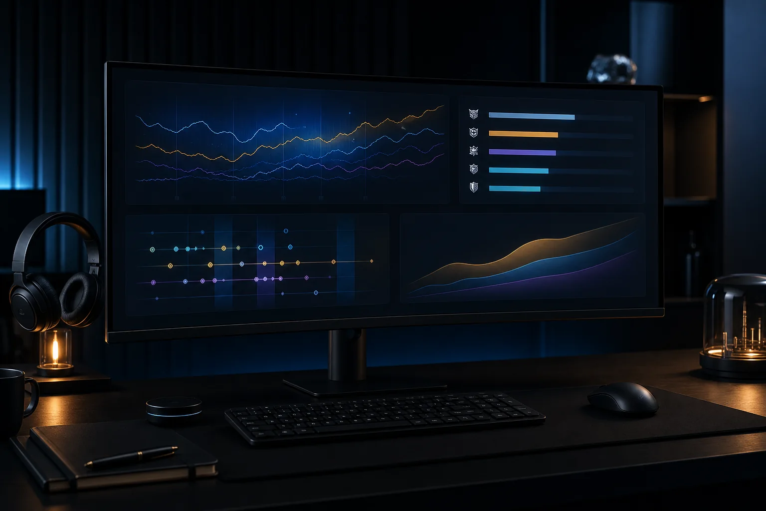 Dark research workstation with league, clan and modeled reward comparisons